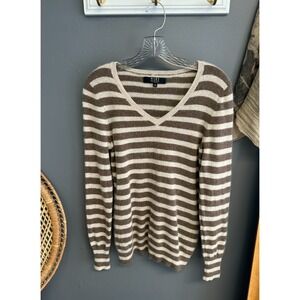 Alex Marie Sweater Womens M Brown Stripe 100% Cashmere V-Neck Pullover Preppy